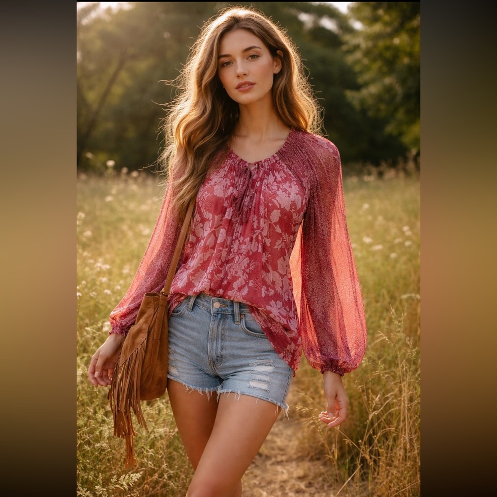 Free People Boho Sheer Floral Blouse XS Red Henrix Top Romantic Cottagecore